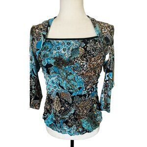 JOSEPH RIBKOFF Top Size 8 Blue Brown Puckered Front Sequins 3/4 Sleeves